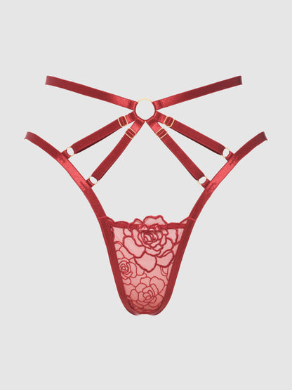House of Desire Rosalie Embroidered Lace Strappy Backless Tanga Panty Crimson Red Rose