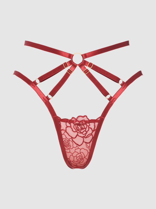 House of Desire Rosalie Embroidered Lace Strappy Backless Tanga Panty Crimson Red Rose