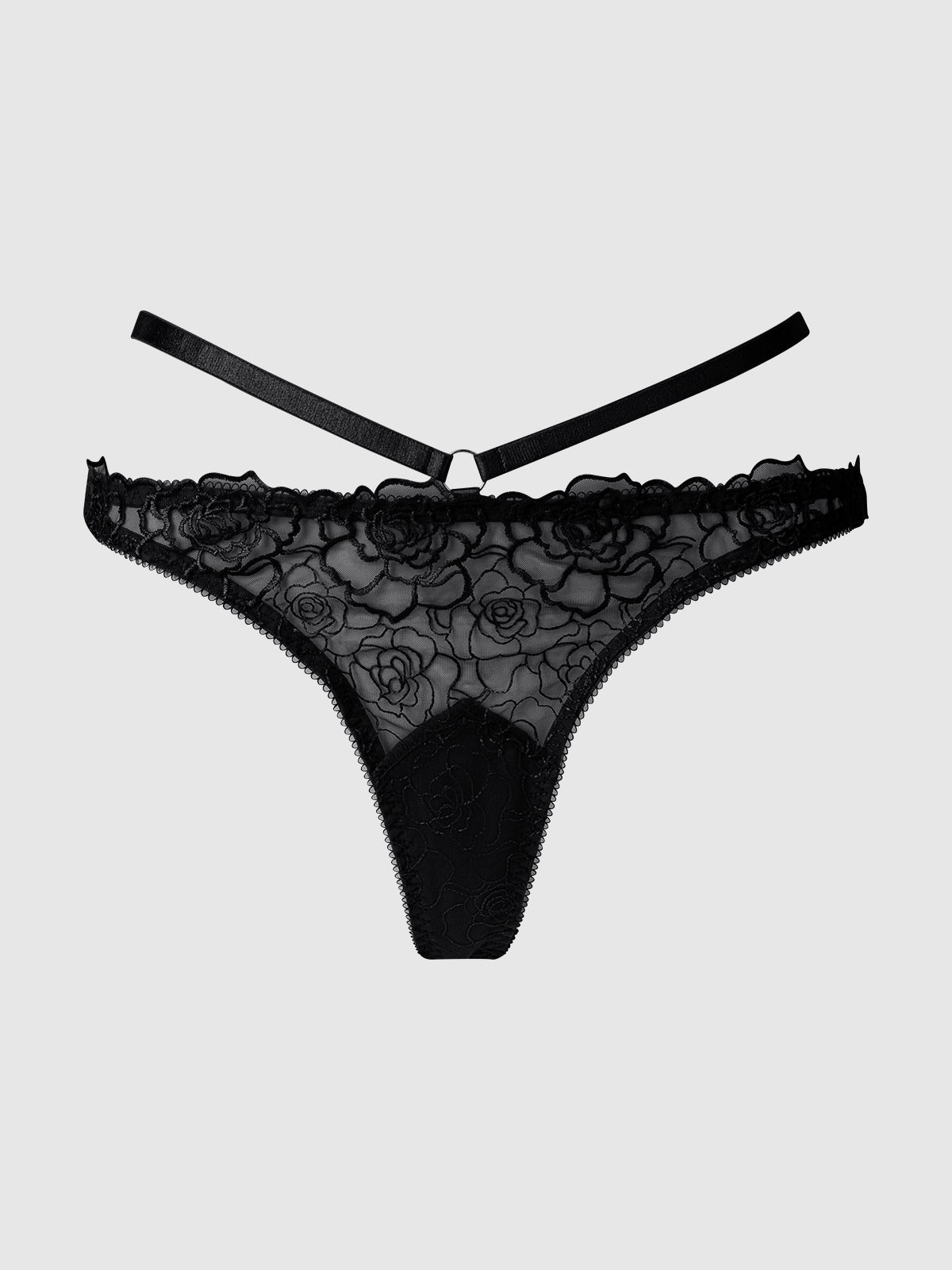 House of Desire Rosalie Satin & Embroidered Lace Strappy Tanga Panty Black Rose