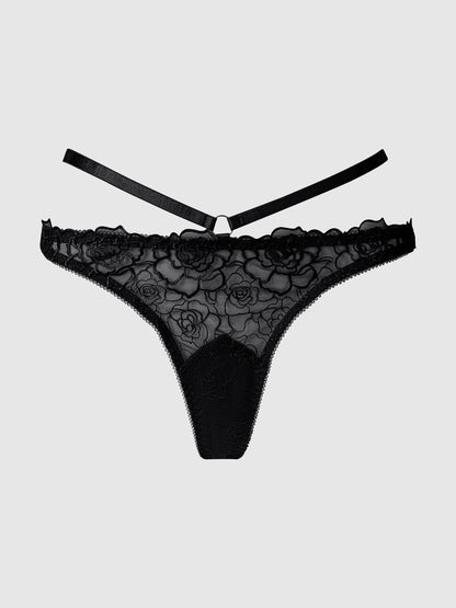 House of Desire Rosalie Satin & Embroidered Lace Strappy Tanga Panty Black Rose