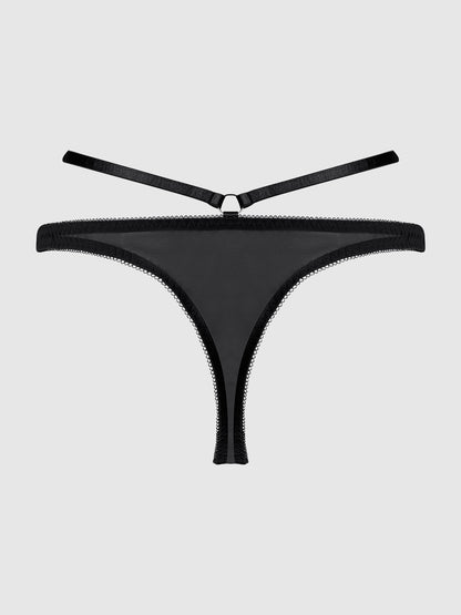 House of Desire Rosalie Satin & Embroidered Lace Strappy Tanga Panty Black Rose