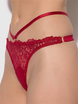 House of Desire Rosalie Satin & Embroidered Lace Strappy Tanga Panty Crimson Red Rose
