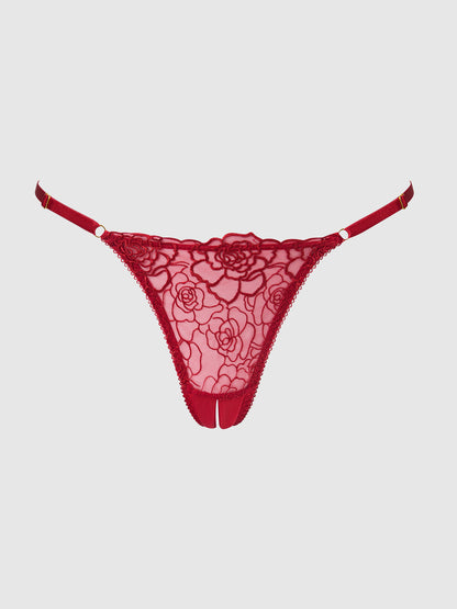 House of Desire Rosalie Embroidered Lace & Mesh Crotchless Thong Crimson Red Roses