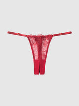 House of Desire Queen Rosalie Embroidered Lace & Mesh Crotchless Thong Crimson Red Roses