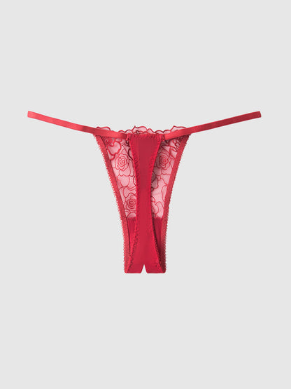 House of Desire Rosalie Embroidered Lace & Mesh Crotchless Thong Crimson Red Roses