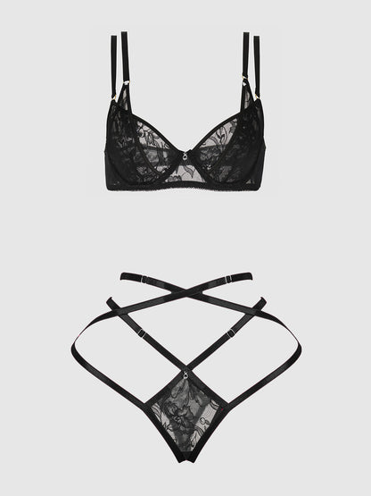 House of Desire Flora Lace Bra and Strappy Thong Set Black