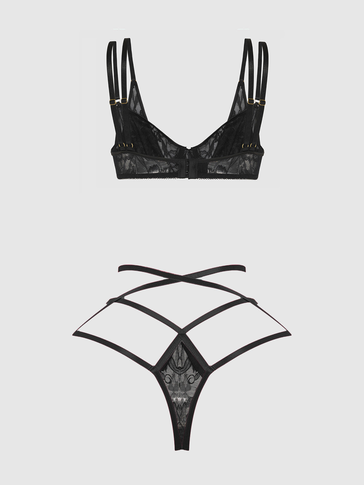 House of Desire Flora Lace Bra and Strappy Thong Set Black