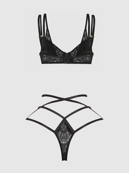 House of Desire Flora Lace Bra and Strappy Thong Set Black
