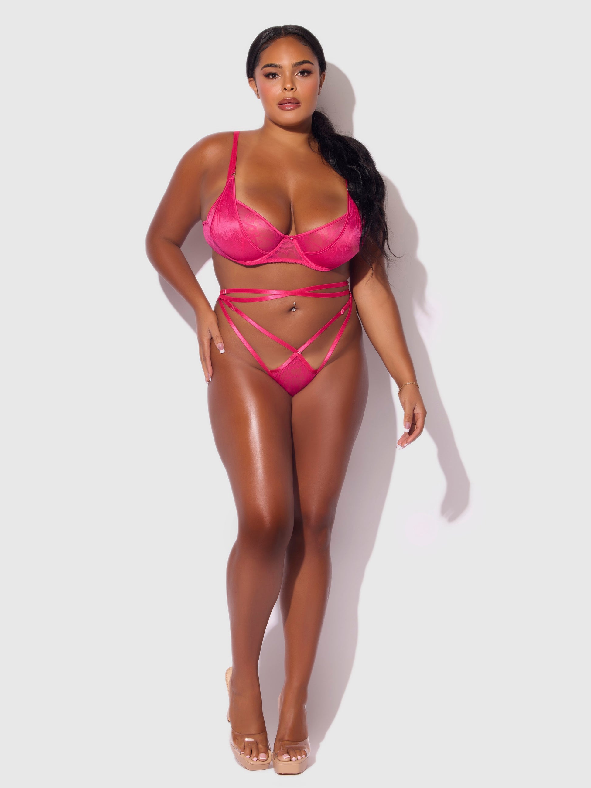 House of Desire Flora Lace Bra and Strappy Thong Set Pink Dragon