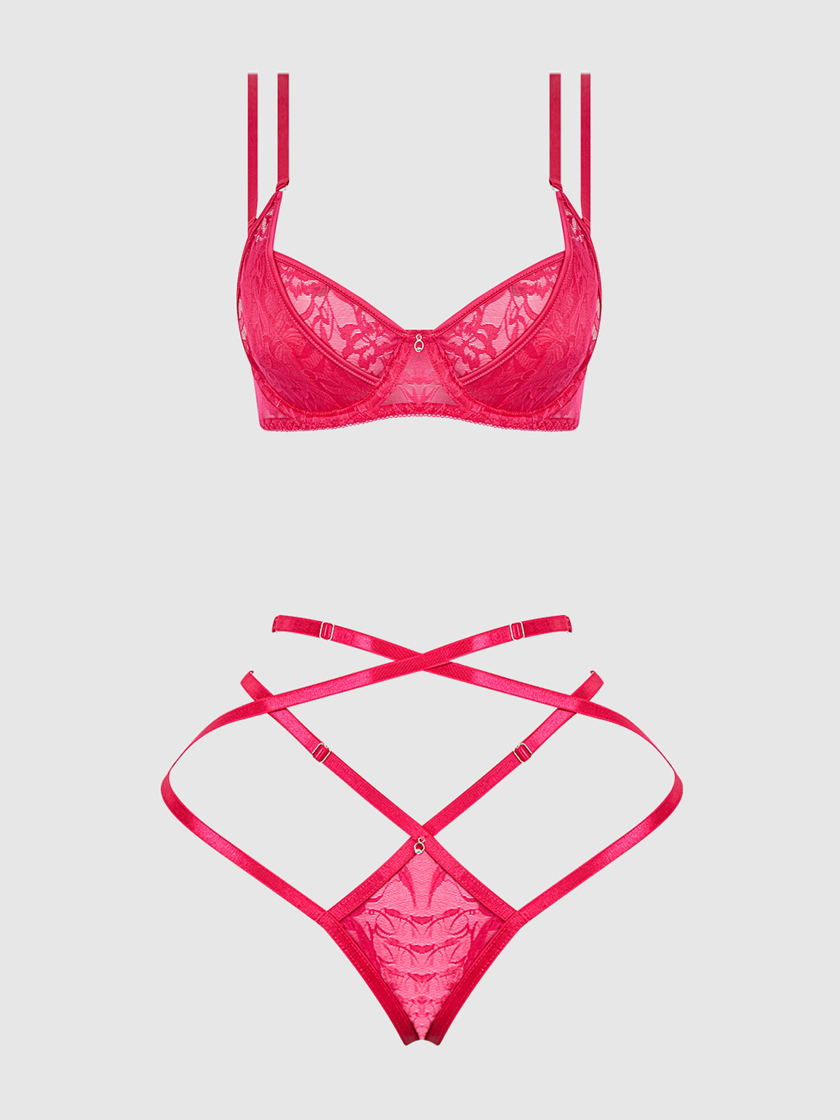 House of Desire Flora Lace Bra and Strappy Thong Set Pink Dragon