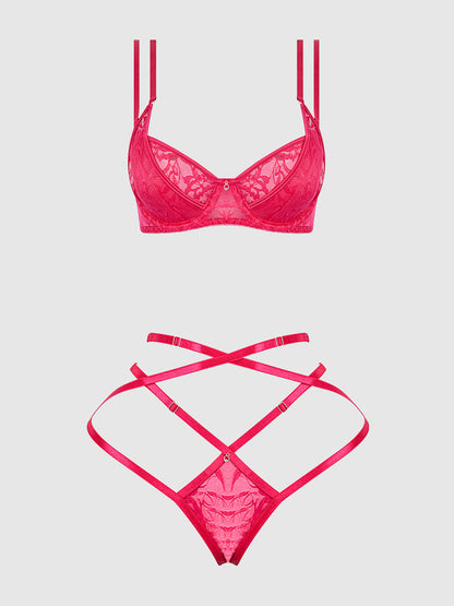 House of Desire Flora Lace Bra and Strappy Thong Set Pink Dragon