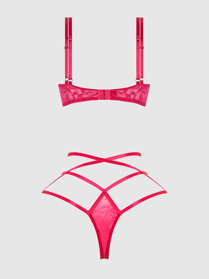 House of Desire Flora Lace Bra and Strappy Thong Set Pink Dragon