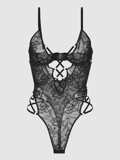 House of Desire Flora Strappy Lace Teddy Black