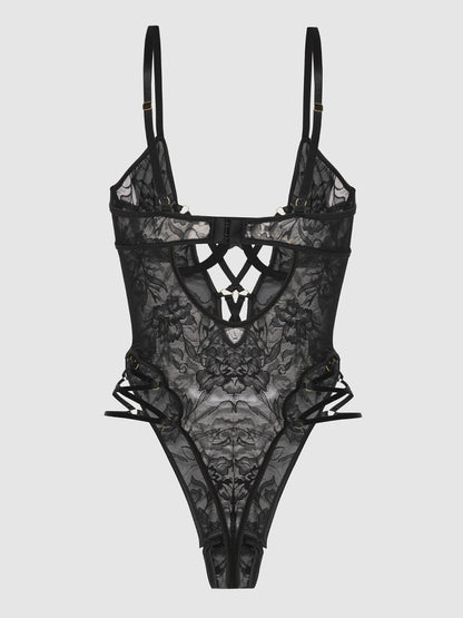 House of Desire Flora Strappy Lace Teddy Black
