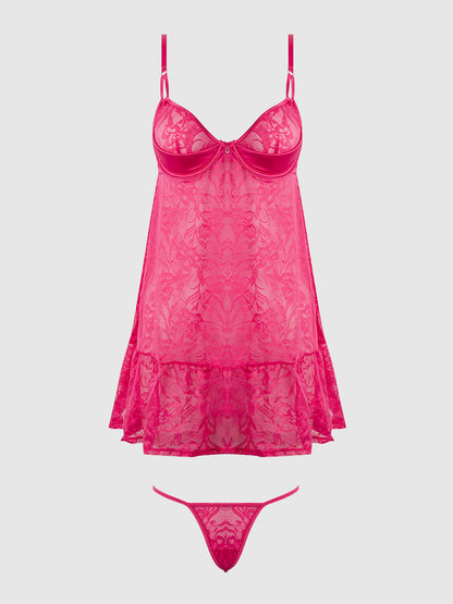 House of Desire Flora Lace Babydoll & G-String Set Pink Dragon