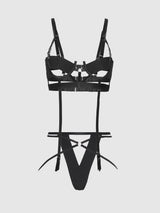 House of Desire Devon Elastic Strappy Open Cup Bra & Crotchless Panty Set Black