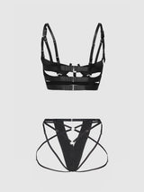 House of Desire Devon Elastic Strappy Open Cup Bra & Crotchless Panty Set Black