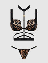 House of Desire Devon Strappy Push Up Bra, Harness & G-String Set Leopard