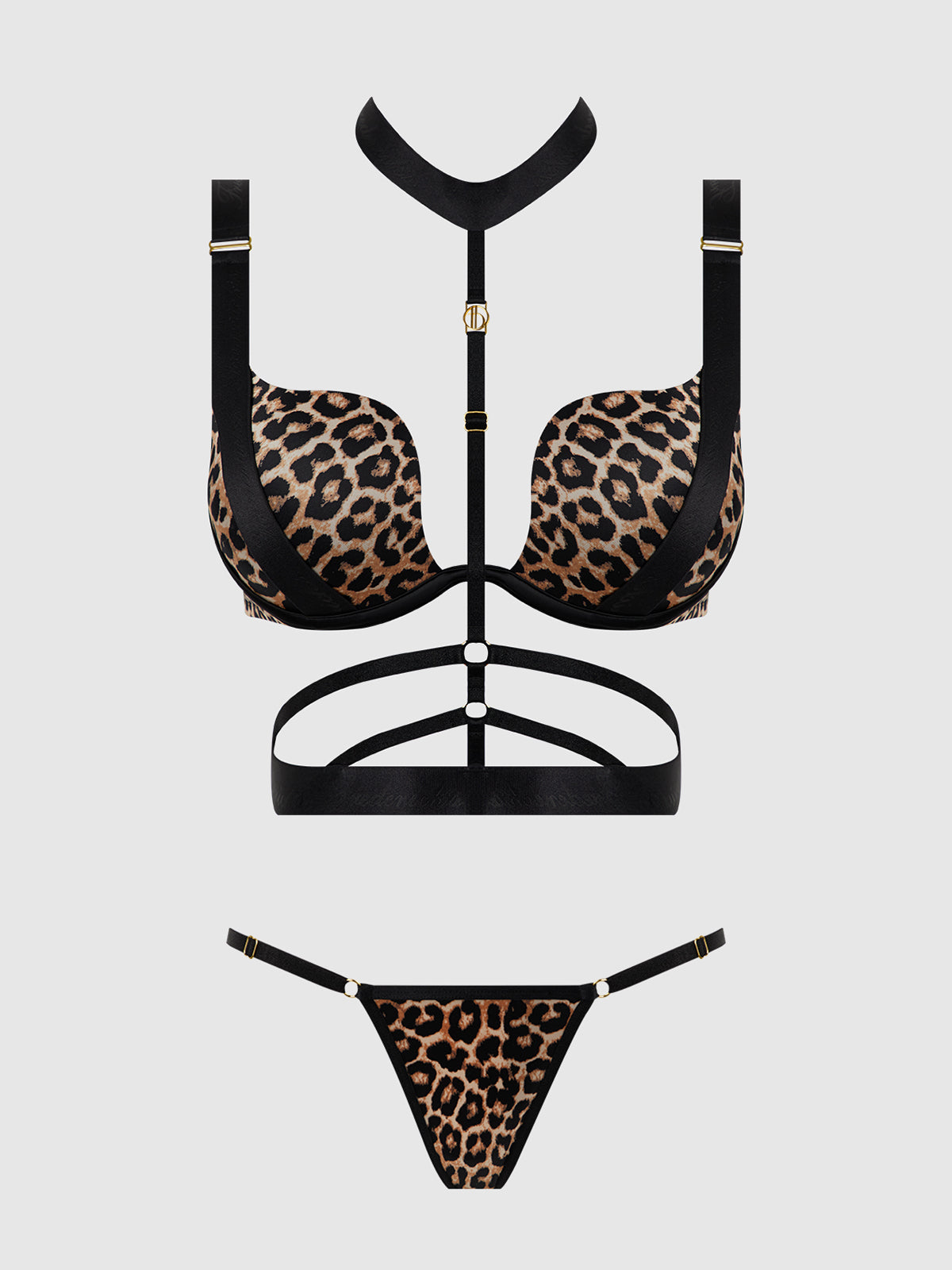 House of Desire Devon Strappy Push Up Bra, Harness & G-String Set Leopard