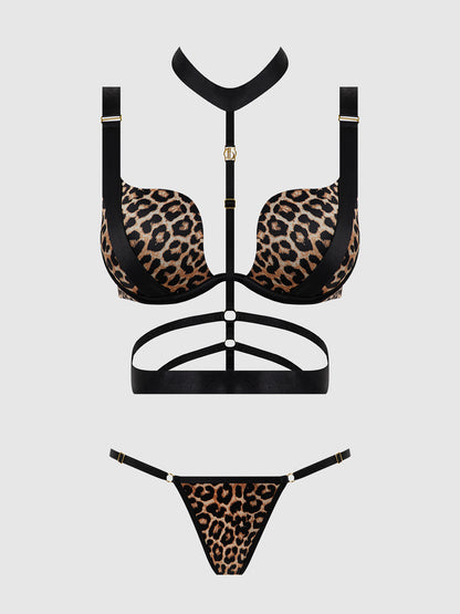 House of Desire Devon Strappy Push Up Bra, Harness & G-String Set Leopard