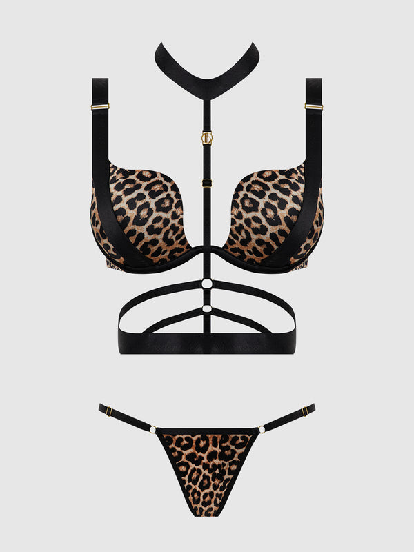 House of Desire Devon Strappy Push Up Bra, Harness & G-String Set Leopard