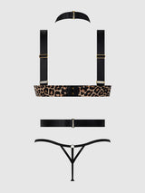 House of Desire Devon Strappy Push Up Bra, Harness & G-String Set Leopard