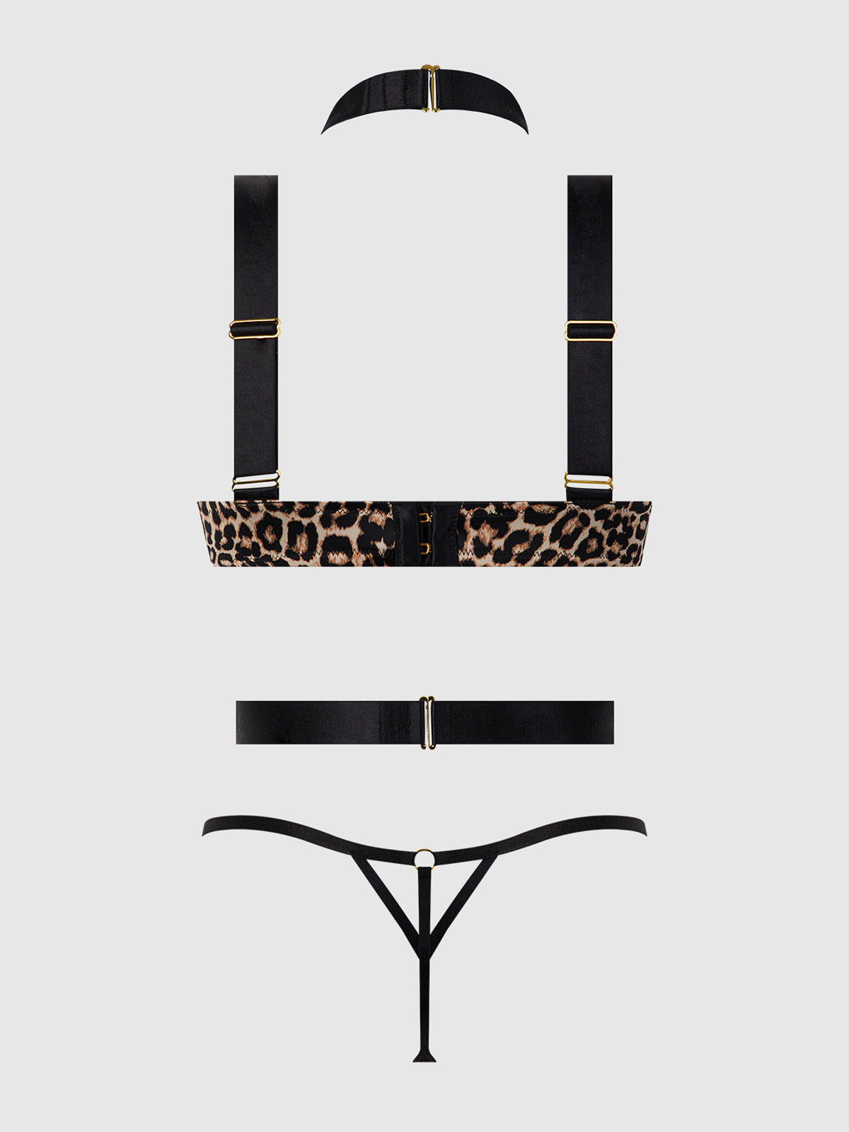 House of Desire Devon Strappy Push Up Bra, Harness & G-String Set Leopard