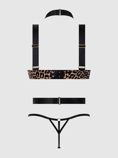 House of Desire Devon Strappy Push Up Bra, Harness & G-String Set Leopard