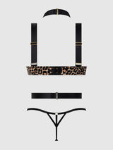 House of Desire Devon Strappy Push Up Bra, Harness & G-String Set Leopard