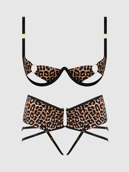 House of Desire Devon Micro & O-Ring Open Bra & Crotchless Thong Set Leopard
