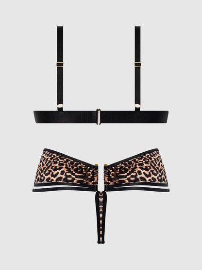 House of Desire Devon Micro & O-Ring Open Bra & Crotchless Thong Set Leopard
