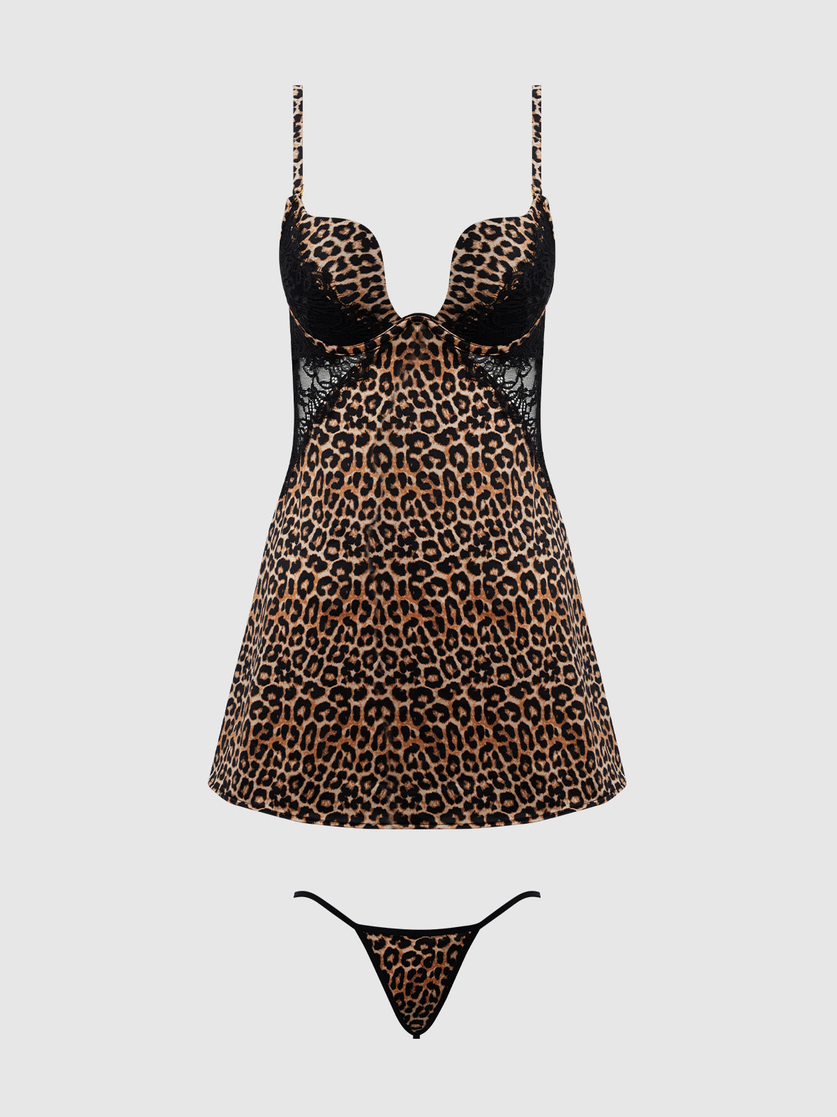 House of Desire Devon Silky Satin Swirl Plunge Push Up Babydoll Set Leopard
