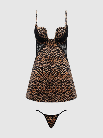 House of Desire Devon Silky Satin Swirl Plunge Push Up Babydoll Set Leopard