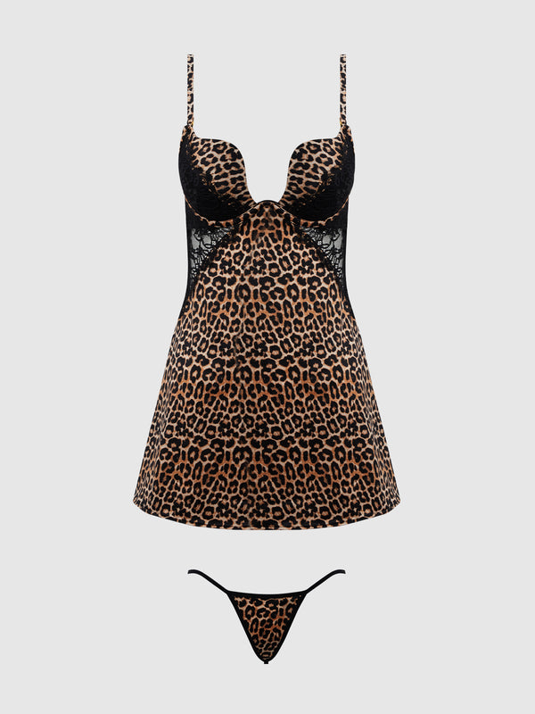 House of Desire Devon Silky Satin Swirl Plunge Push Up Babydoll Set Leopard