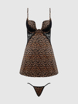 House of Desire Queen Devon Silky Satin Swirl Plunge Push Up Babydoll Set Leopard