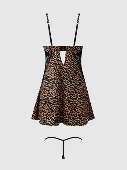 House of Desire Devon Silky Satin Swirl Plunge Push Up Babydoll Set Leopard