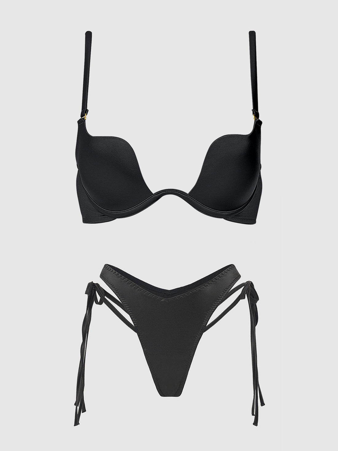 House of Desire Brigeta Satin Plunge Push Up Bra & Tie Side Tanga Set Black