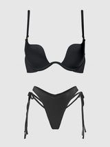 House of Desire Brigeta Satin Plunge Push Up Bra & Tie Side Tanga Set Black