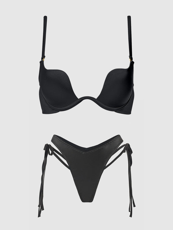 House of Desire Brigeta Satin Plunge Push Up Bra & Tie Side Tanga Set Black
