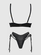 House of Desire Brigeta Satin Plunge Push Up Bra & Tie Side Tanga Set Black