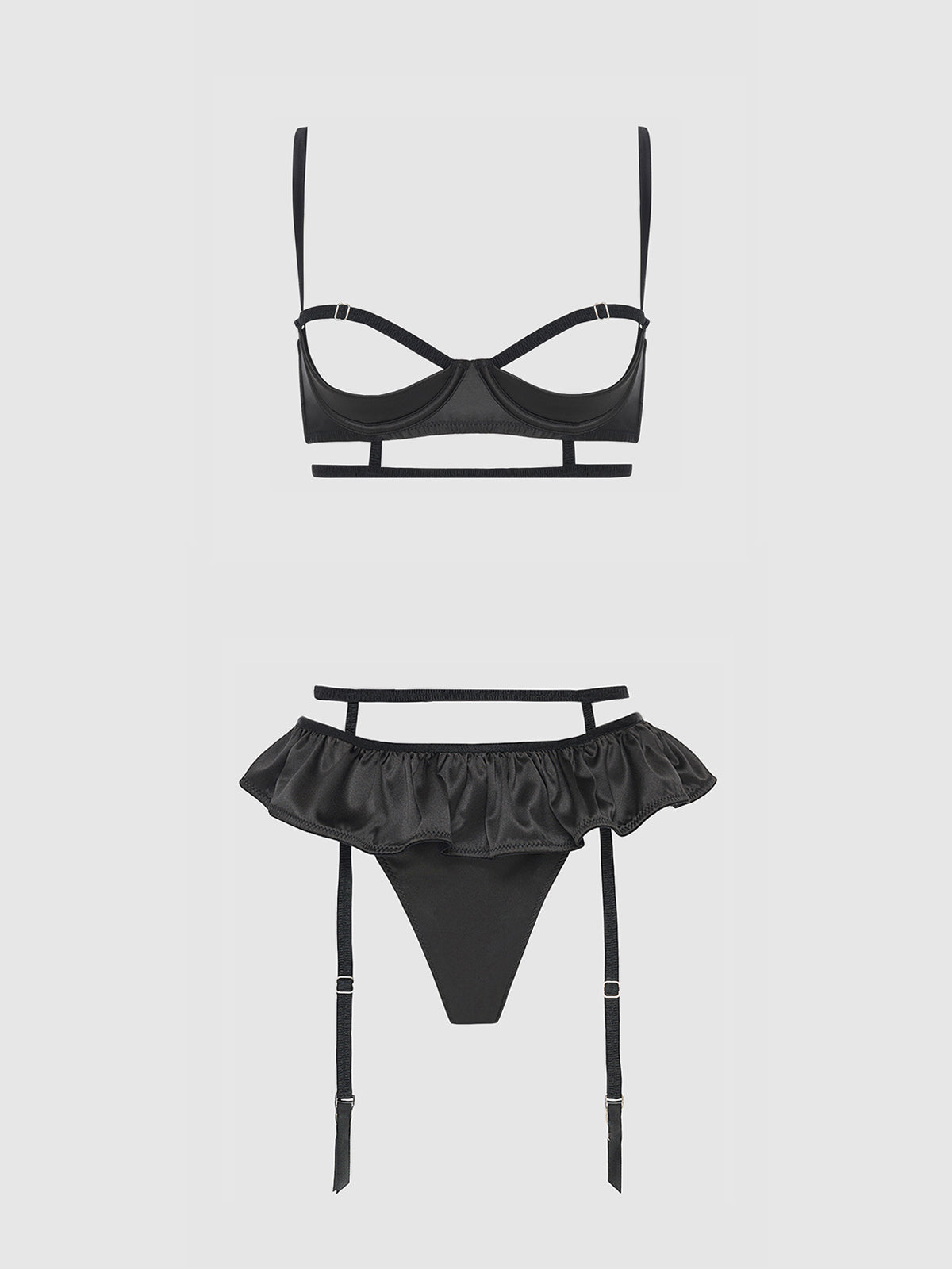 House of Desire Brigeta Satin Open Cup Bra & Gartered Riuffle Panty Set Black