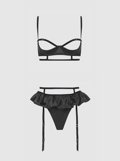 House of Desire Brigeta Satin Open Cup Bra & Gartered Riuffle Panty Set Black
