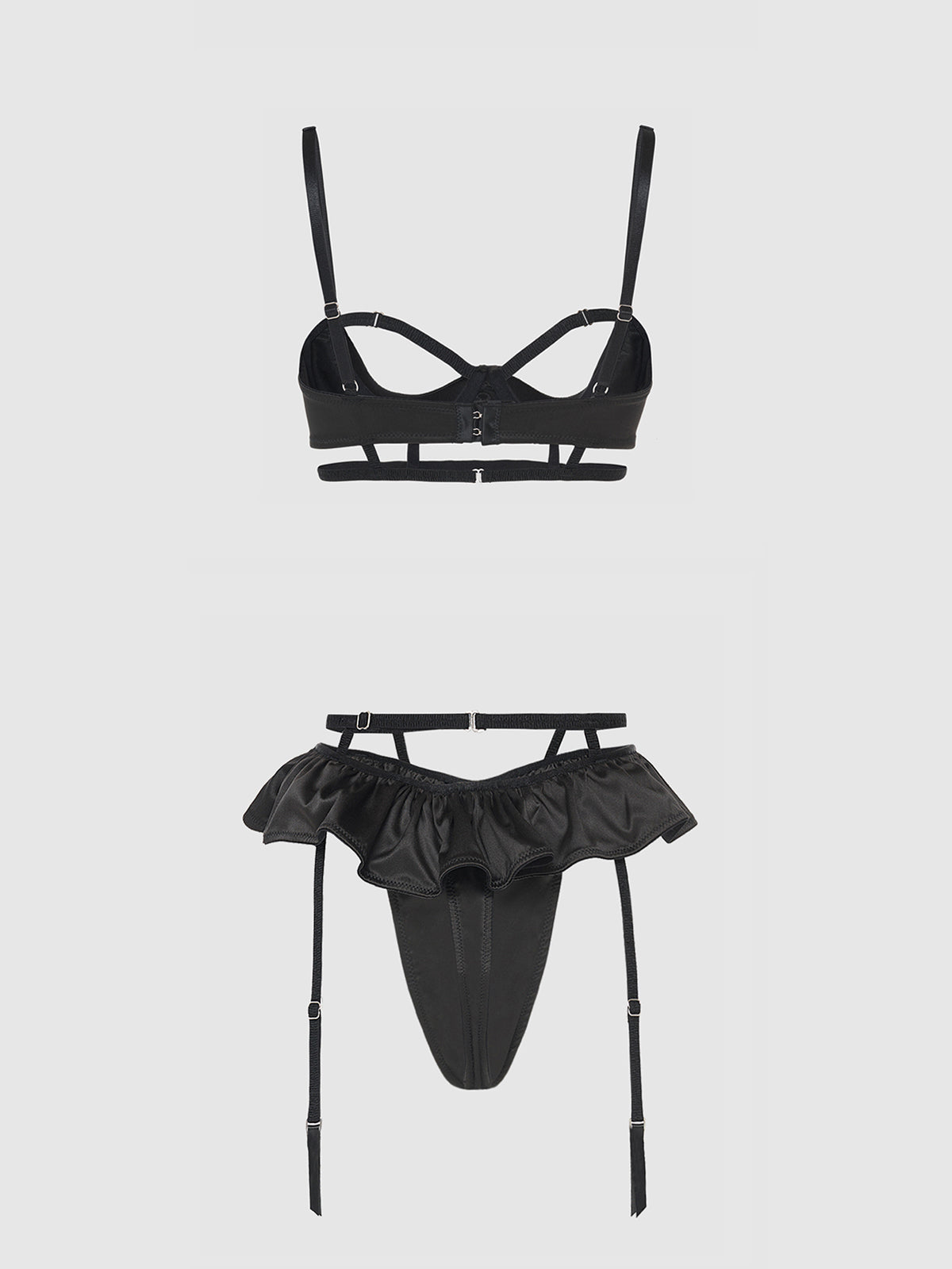 House of Desire Brigeta Satin Open Cup Bra & Gartered Riuffle Panty Set Black