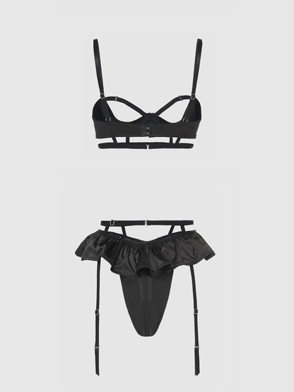 House of Desire Brigeta Satin Open Cup Bra & Gartered Riuffle Panty Set Black