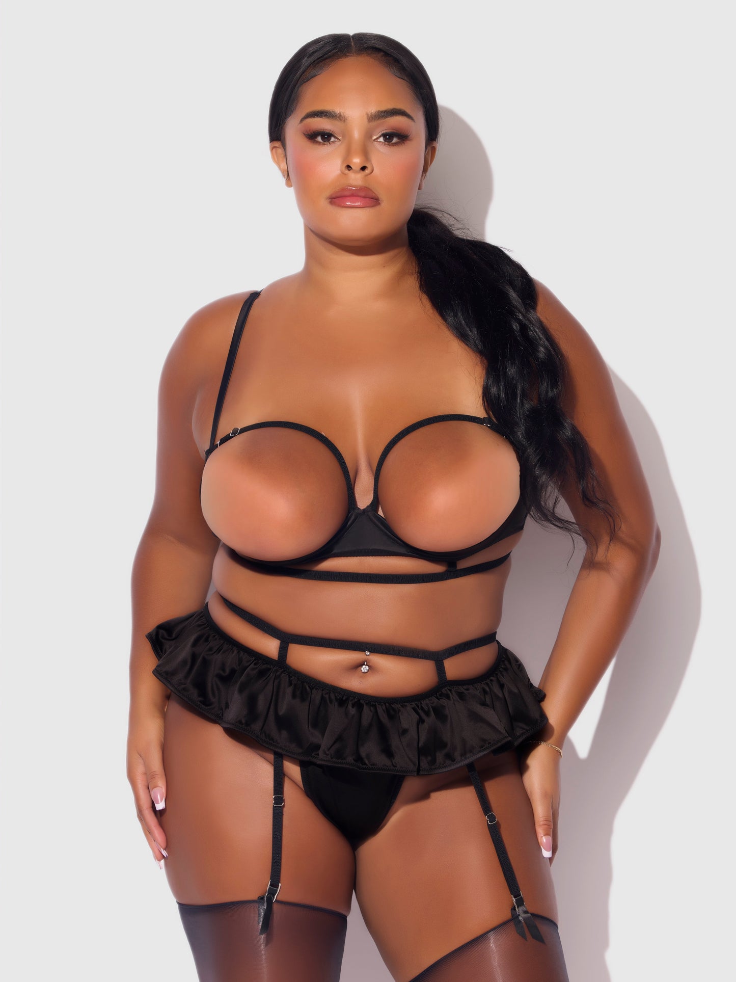 House of Desire Brigeta Satin Open Cup Bra & Gartered Riuffle Panty Set Black