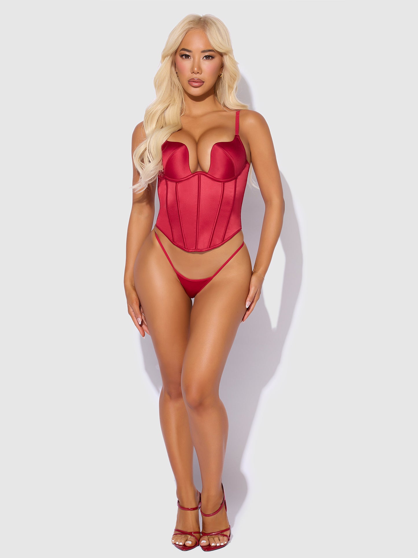 House of Desire Brigeta Fitted Deep Plunge Push Up Bustier Set Crimson Red