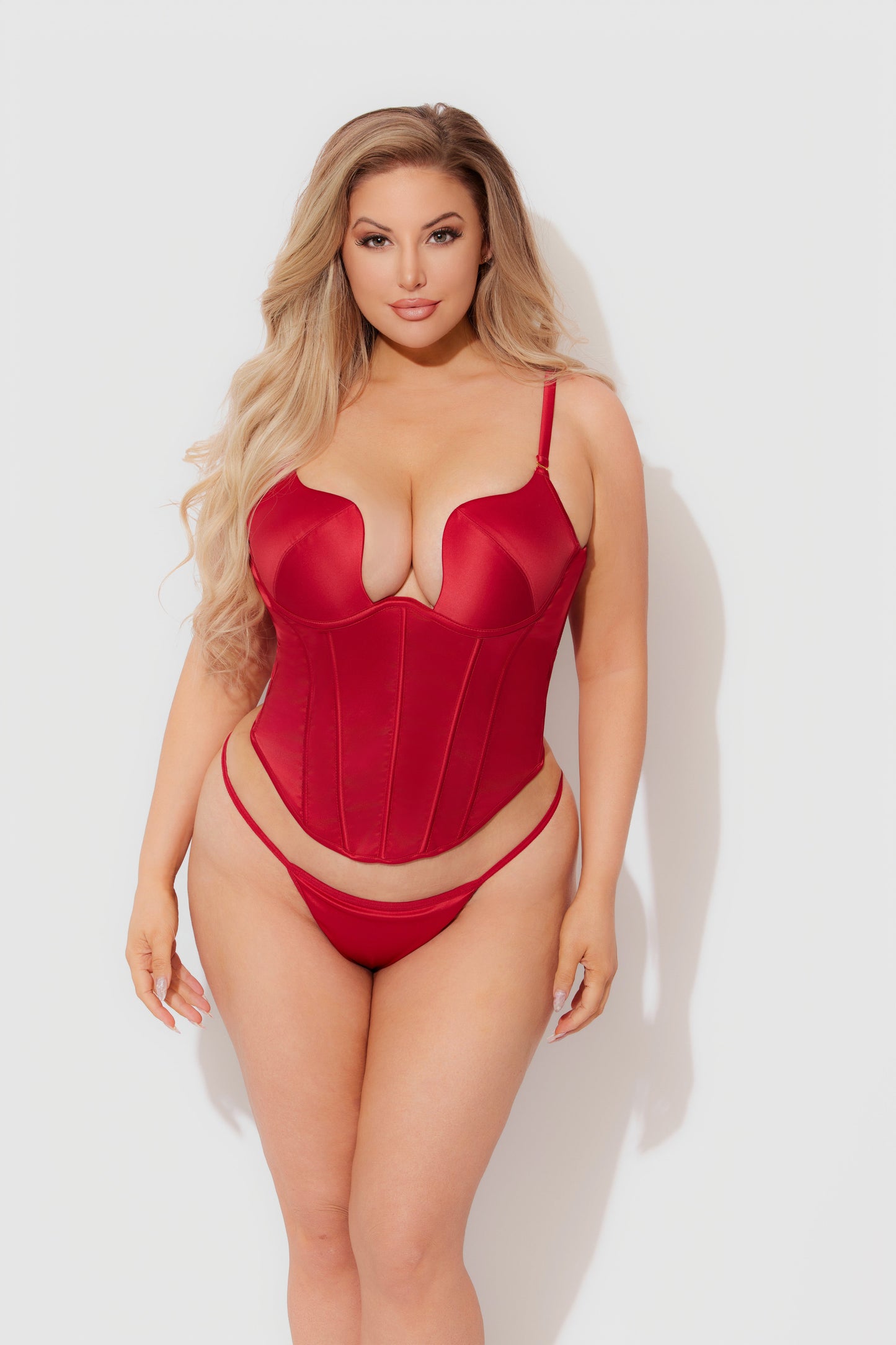 House of Desire Brigeta Fitted Deep Plunge Push Up Bustier Set Crimson Red