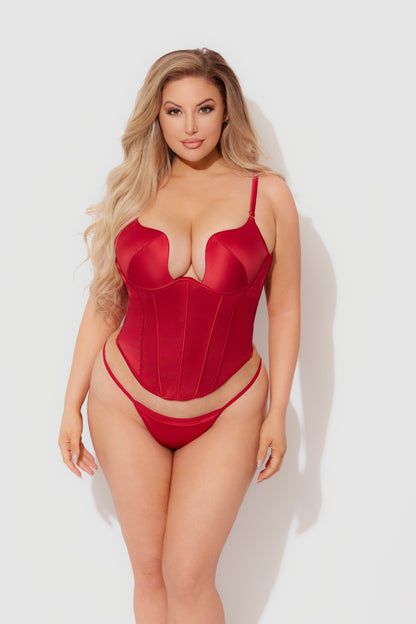 House of Desire Brigeta Fitted Deep Plunge Push Up Bustier Set Crimson Red
