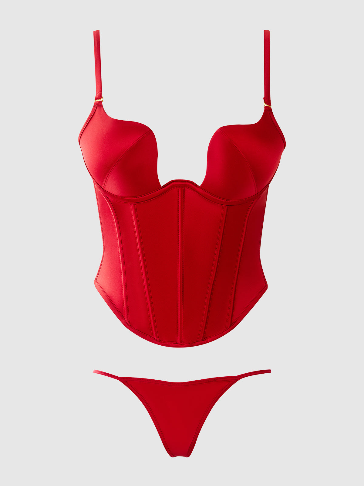 House of Desire Brigeta Fitted Deep Plunge Push Up Bustier Set Crimson Red