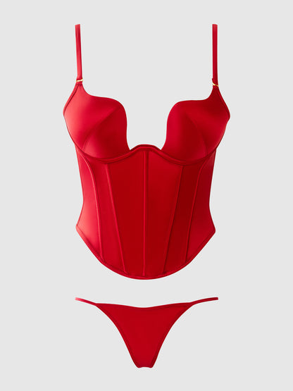 House of Desire Brigeta Fitted Deep Plunge Push Up Bustier Set Crimson Red